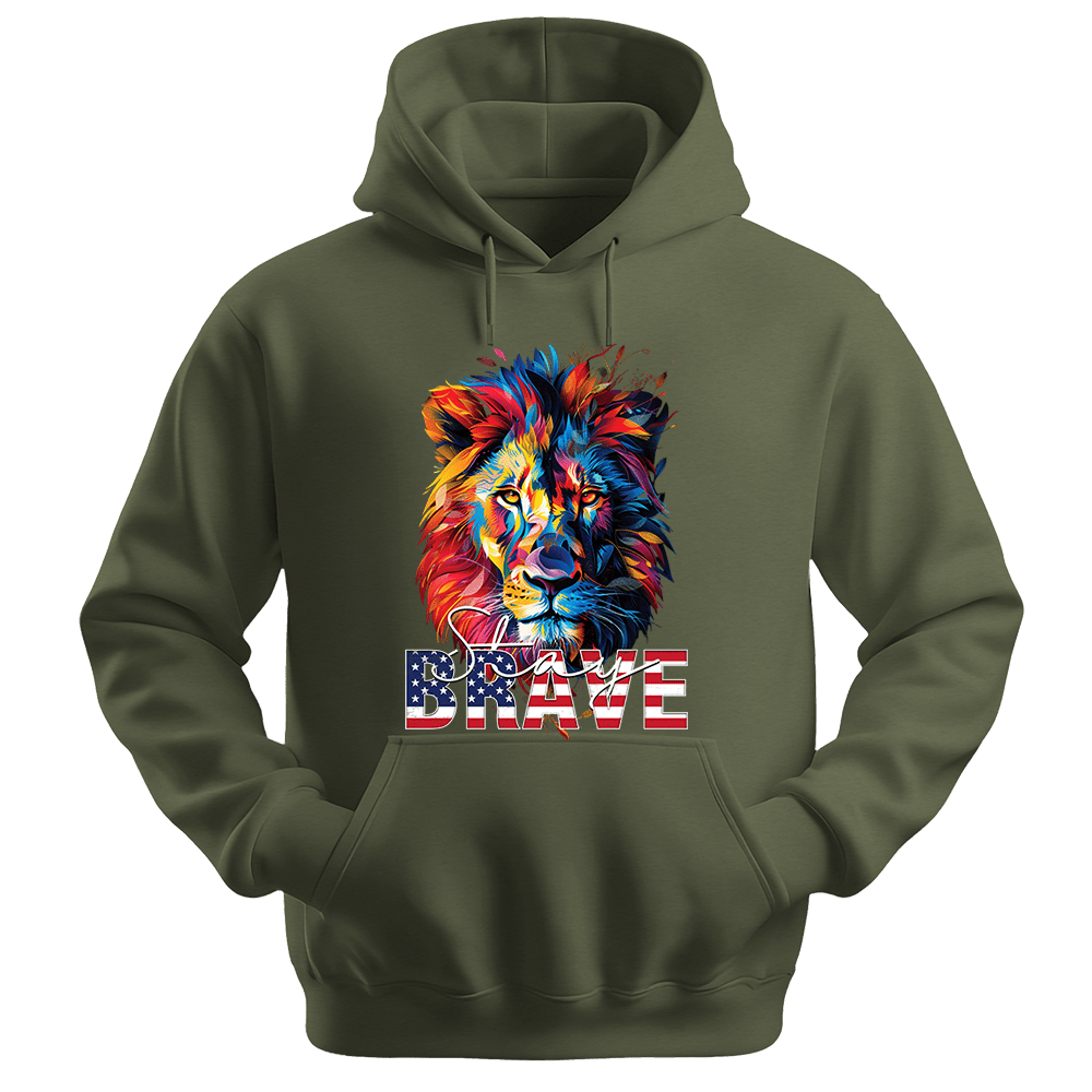 Stay Brave - Lion Unisex Hoodie - Statement Hoodie - Unisex Hoodie | Gildan 18500 - Military Green. - S