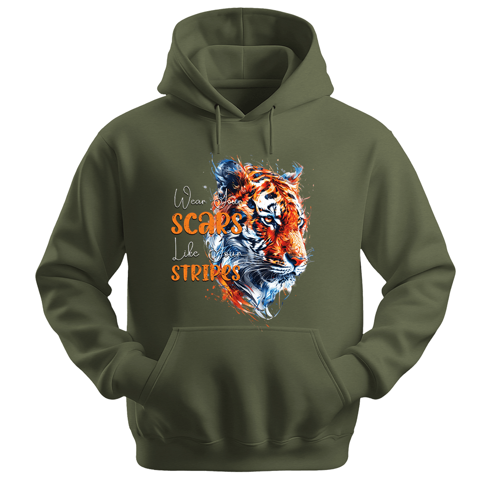 Wear Your Scars Like Your Stripes - Tiger Unisex Hoodie - Statement Hoodie - Unisex Hoodie | Gildan 18500 - Military Green. - S