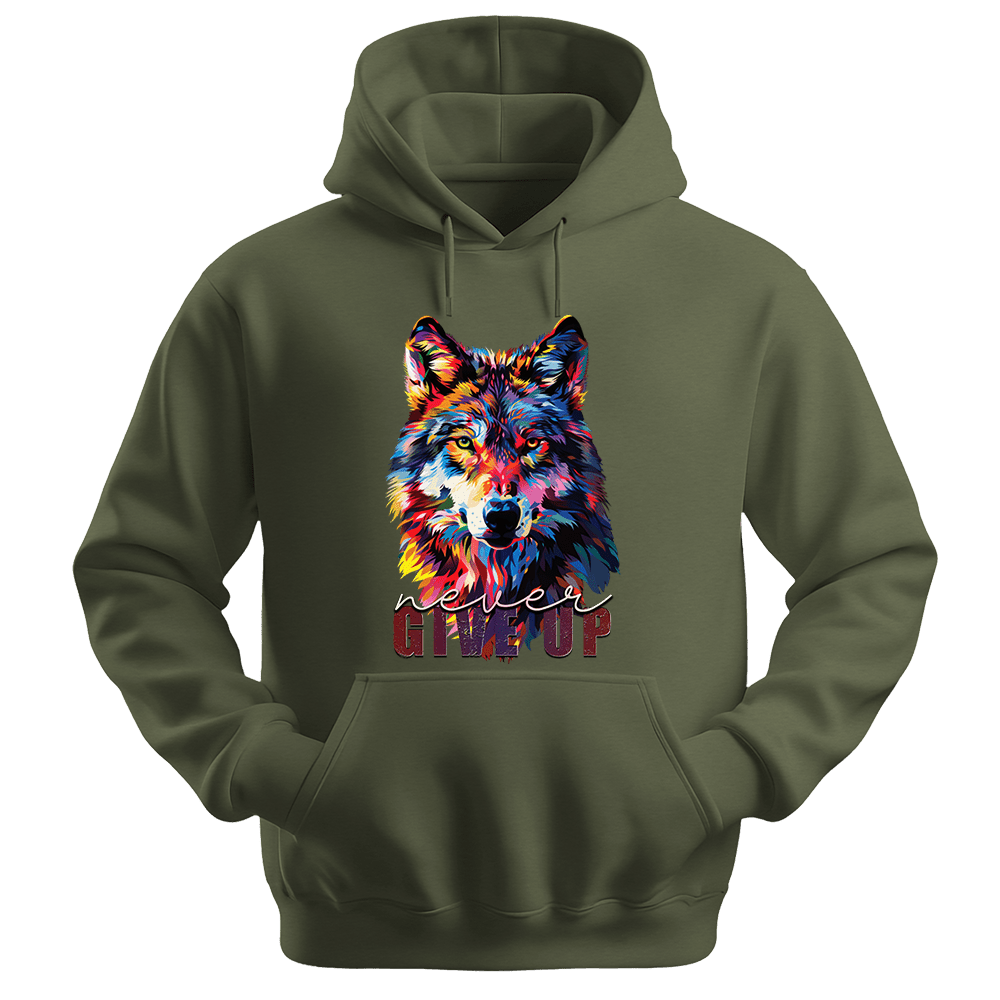 Never Give Up - Wolf Unisex Hoodie - Inspirational Apparel - Unisex Hoodie | Gildan 18500 - Military Green. - S