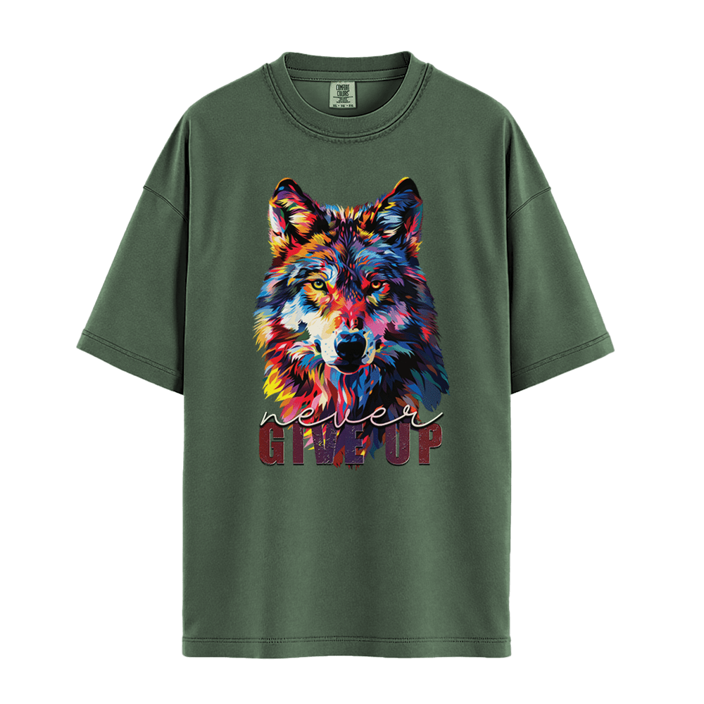 Never Give Up - Wolf Unisex T-Shirt Premium Comfort Colors - Moss