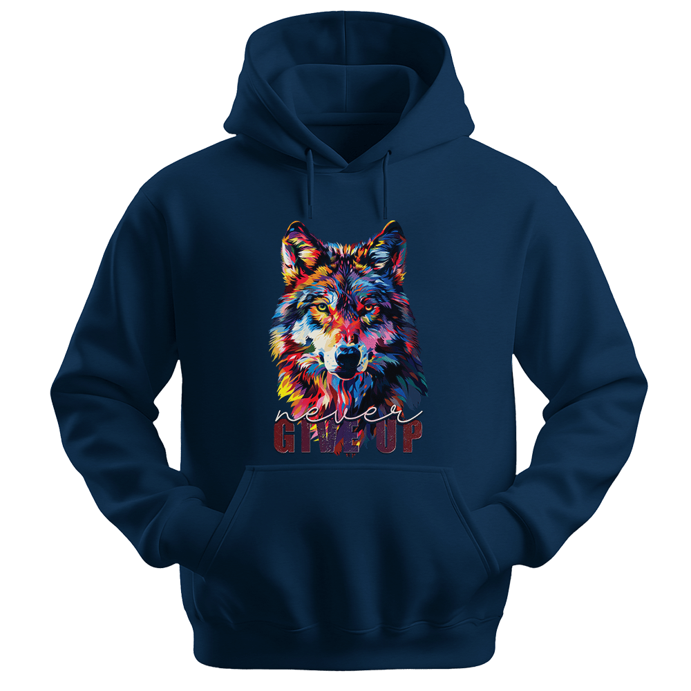 Never Give Up - Wolf Unisex Hoodie - Inspirational Apparel - Unisex Hoodie | Gildan 18500 - Navy. - S
