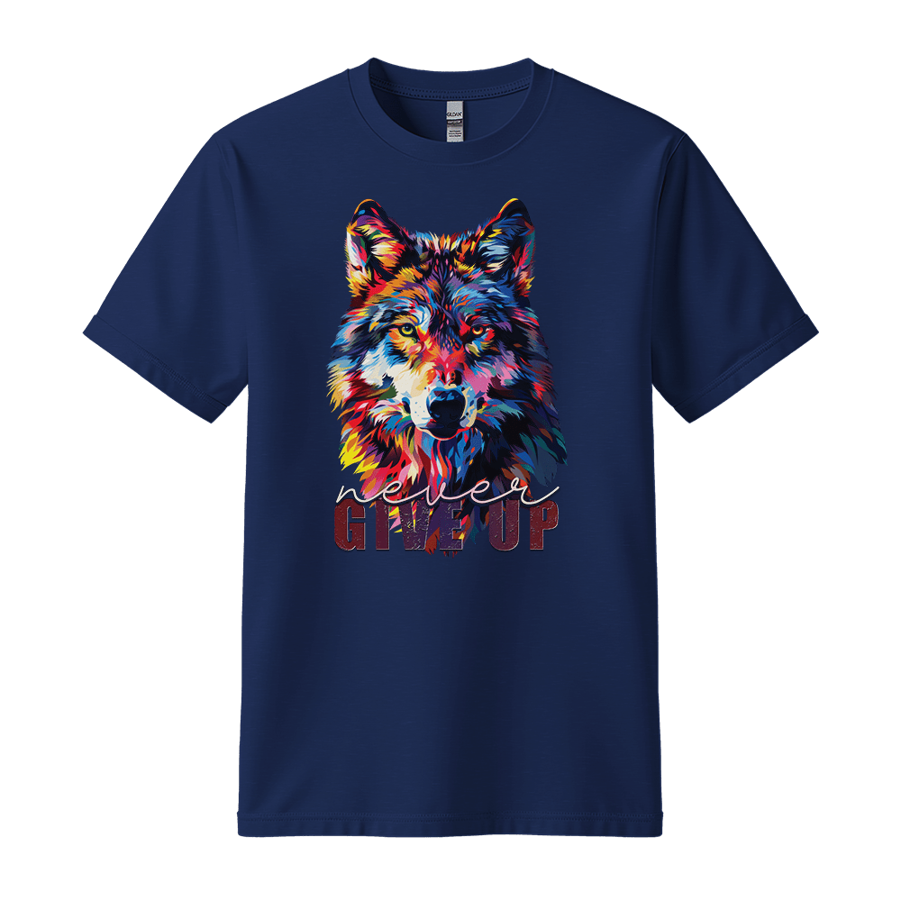 Never Give Up - Wolf Unisex T-Shirt - Inspirational Apparel - Standard (G5000) - Navy - S