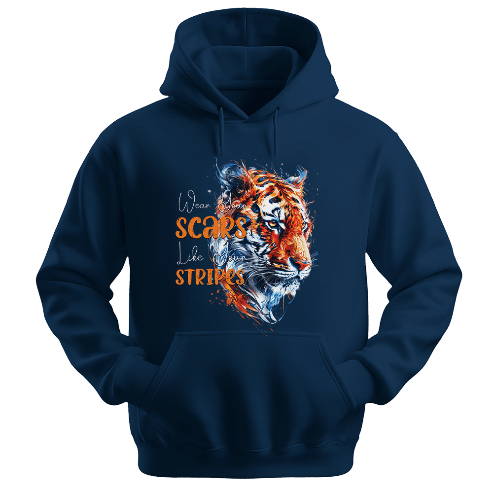 Wear Your Scars Like Your Stripes - Tiger Unisex Hoodie - Statement Hoodie - Unisex Hoodie | Gildan 18500 - Navy. - S