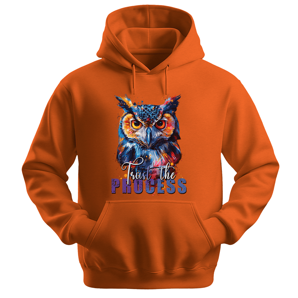Trust The Process - Owl Unisex Hoodie - Message Hoodie - Unisex Hoodie | Gildan 18500 - Orange. - S