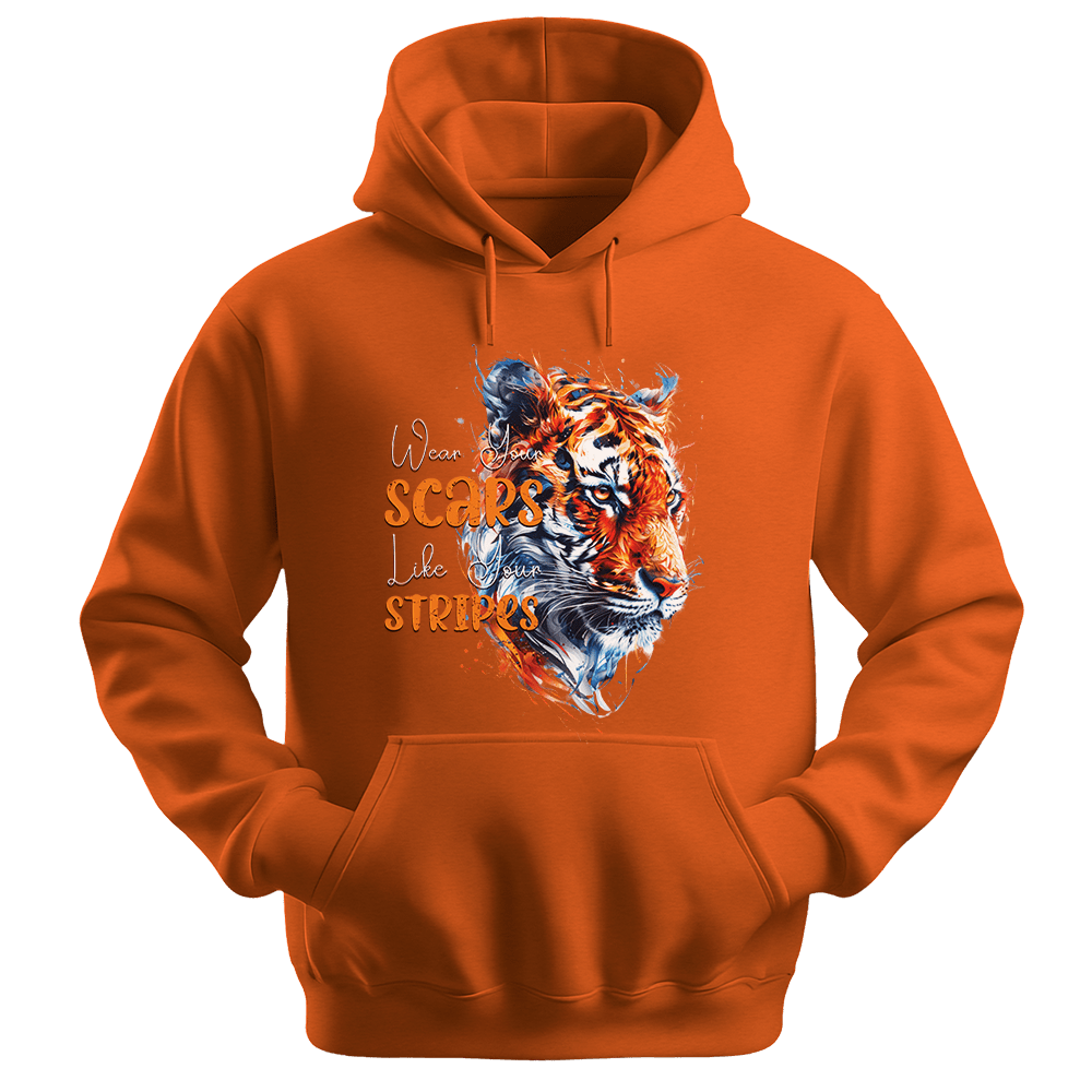 Wear Your Scars Like Your Stripes - Tiger Unisex Hoodie - Statement Hoodie - Unisex Hoodie | Gildan 18500 - Orange. - S