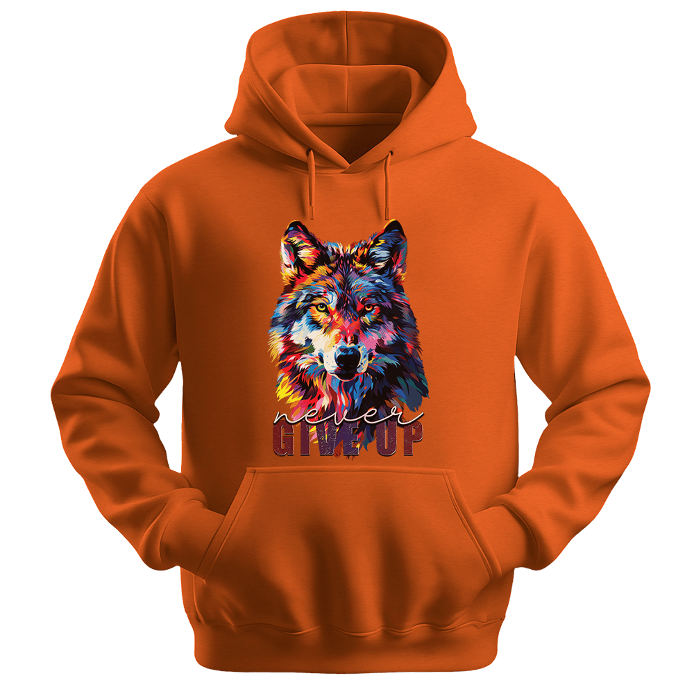 Never Give Up - Wolf Unisex Hoodie - Inspirational Apparel - Unisex Hoodie | Gildan 18500 - Orange. - S