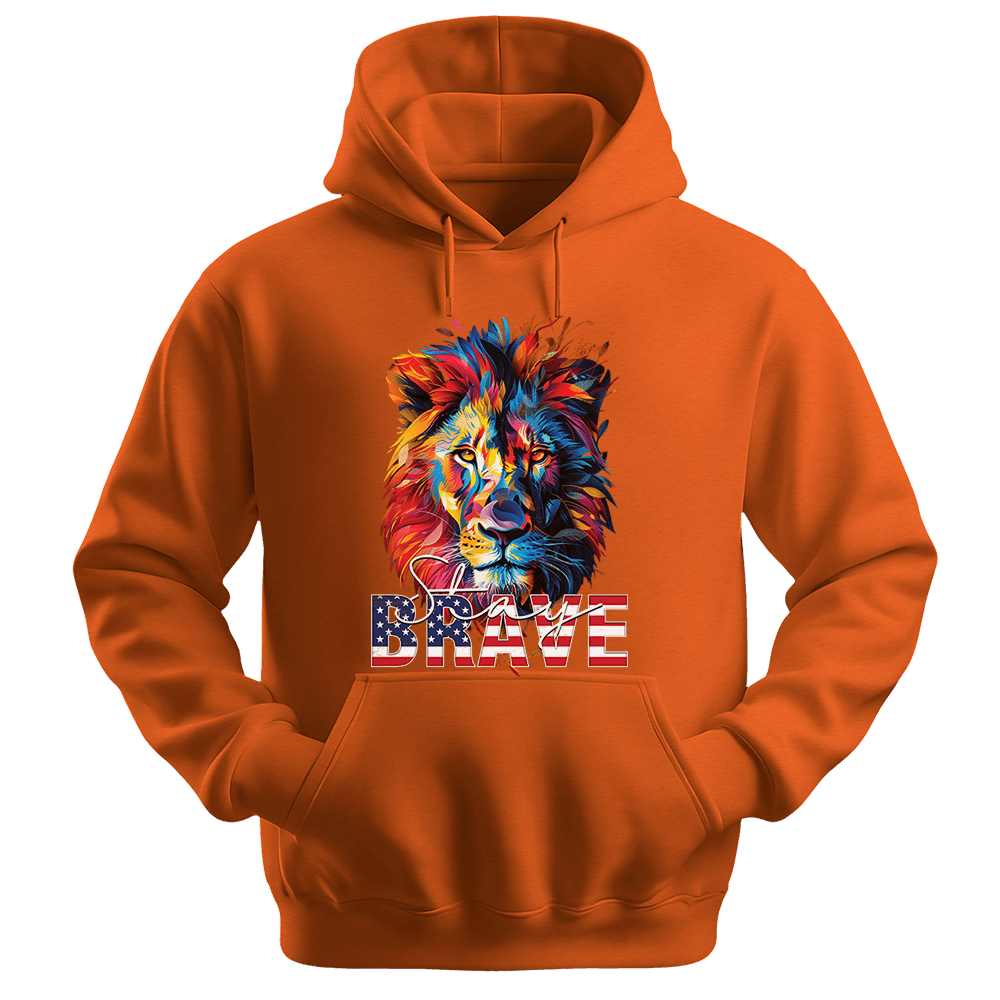 Stay Brave - Lion Unisex Hoodie - Statement Hoodie - Unisex Hoodie | Gildan 18500 - Orange. - S