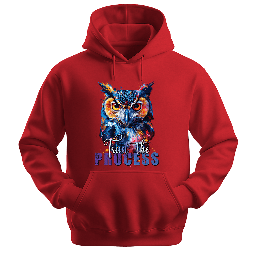 Trust The Process - Owl Unisex Hoodie - Message Hoodie - Unisex Hoodie | Gildan 18500 - Red. - S