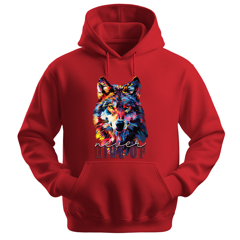 Never Give Up - Wolf Unisex Hoodie - Inspirational Apparel - Unisex Hoodie | Gildan 18500 - Red. - S