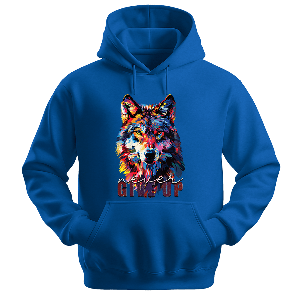 Never Give Up - Wolf Unisex Hoodie - Inspirational Apparel - Unisex Hoodie | Gildan 18500 - Royal. - S