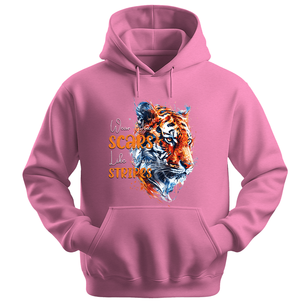 Wear Your Scars Like Your Stripes - Tiger Unisex Hoodie - Statement Hoodie - Unisex Hoodie | Gildan 18500 - Safety Pink. - S