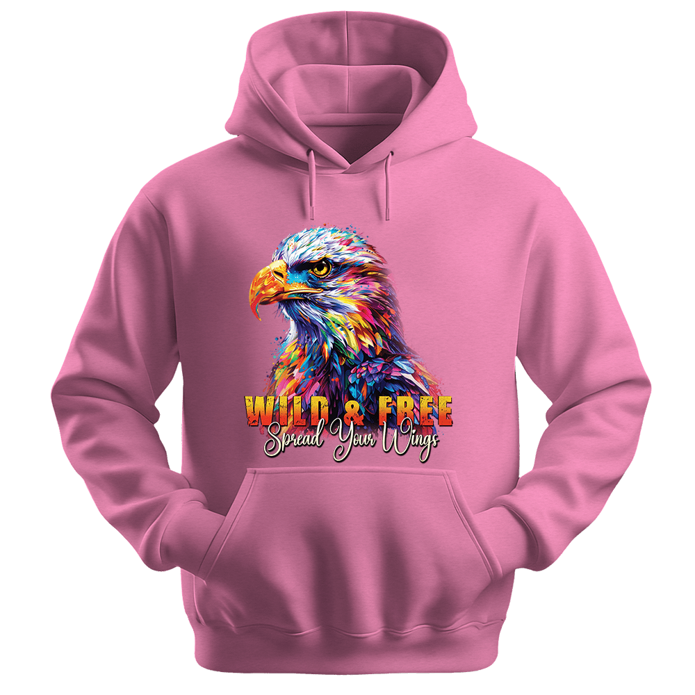 Wild & Free Spread Your Wings - Eagle Unisex Hoodie - Inspirational Apparel - Unisex Hoodie | Gildan 18500 - Safety Pink. - S