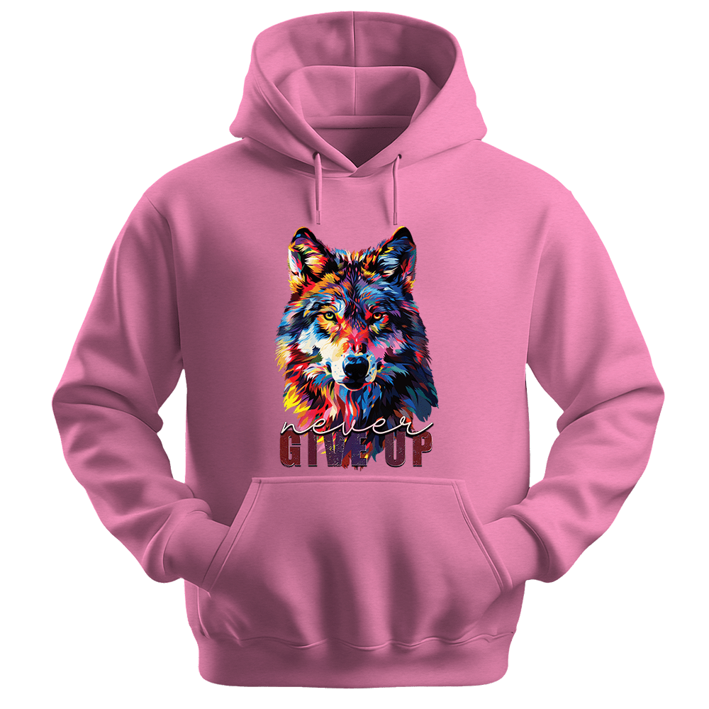 Never Give Up - Wolf Unisex Hoodie - Inspirational Apparel - Unisex Hoodie | Gildan 18500 - Safety Pink. - S