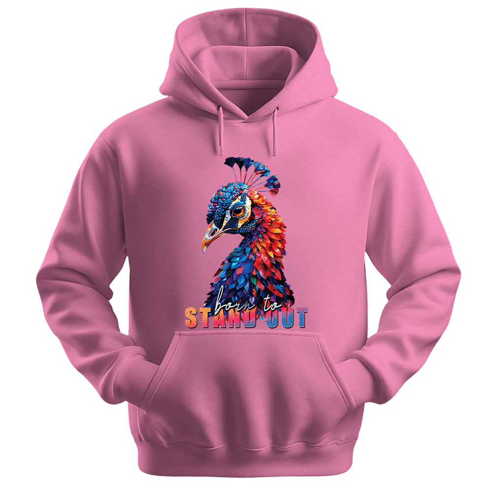 Born To Stand Out - Peacock Unisex Hoodie - Statement Hoodie - Unisex Hoodie | Gildan 18500 - Safety Pink. - S