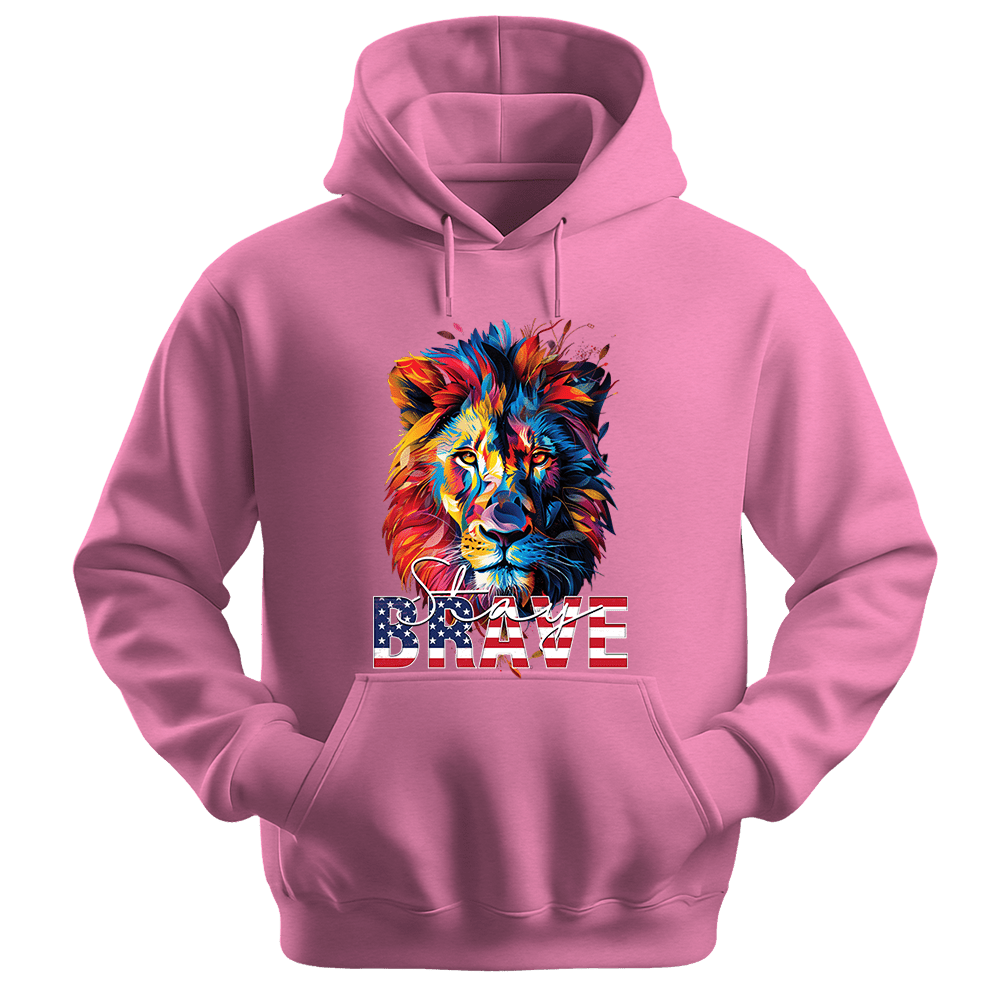 Stay Brave - Lion Unisex Hoodie - Statement Hoodie - Unisex Hoodie | Gildan 18500 - Safety Pink. - S