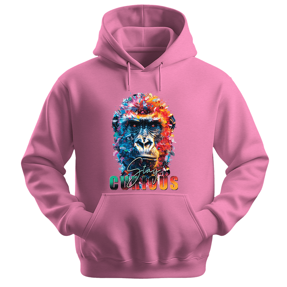 Stay Curious - Gorilla Unisex Hoodie - Positive Hoodie - Unisex Hoodie | Gildan 18500 - Safety Pink. - S