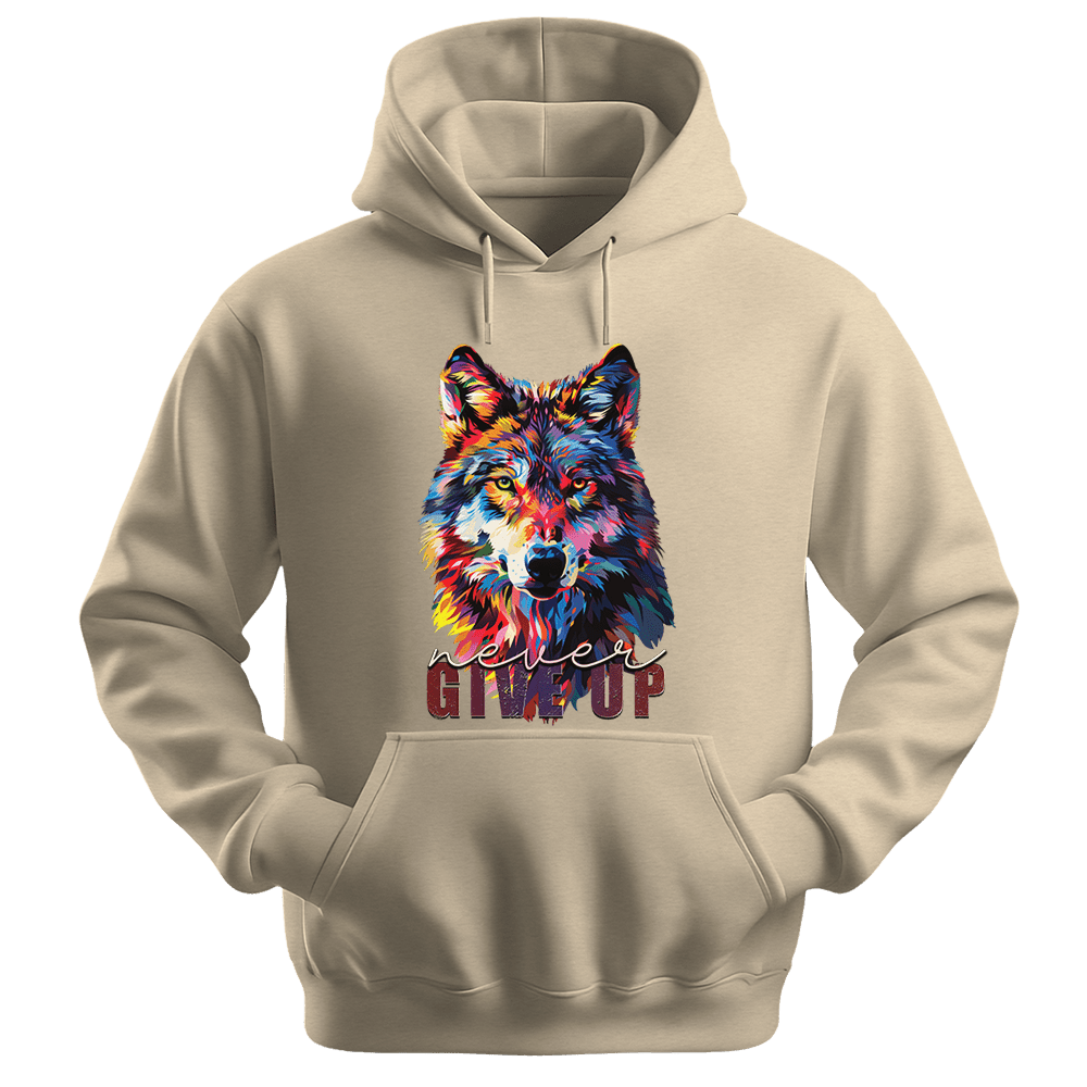 Never Give Up - Wolf Unisex Hoodie - Inspirational Apparel - Unisex Hoodie | Gildan 18500 - Sand. - S