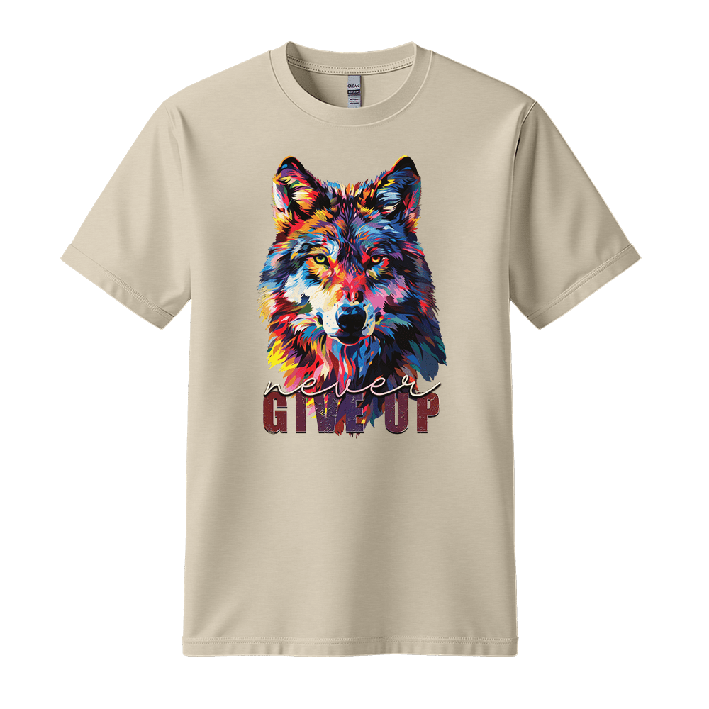 Never Give Up - Wolf Unisex T-Shirt - Inspirational Apparel - Standard (G5000) - Sand - S