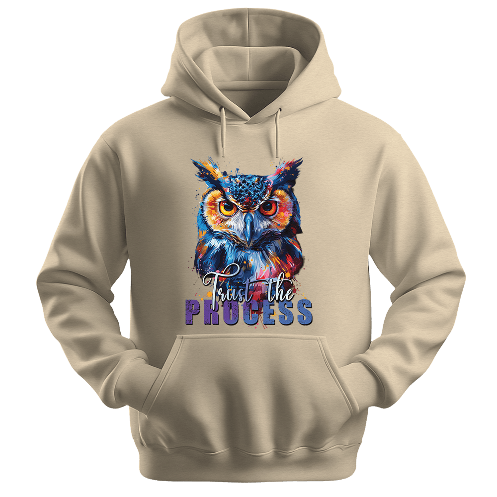 Trust The Process - Owl Unisex Hoodie - Message Hoodie - Unisex Hoodie | Gildan 18500 - Sand. - S
