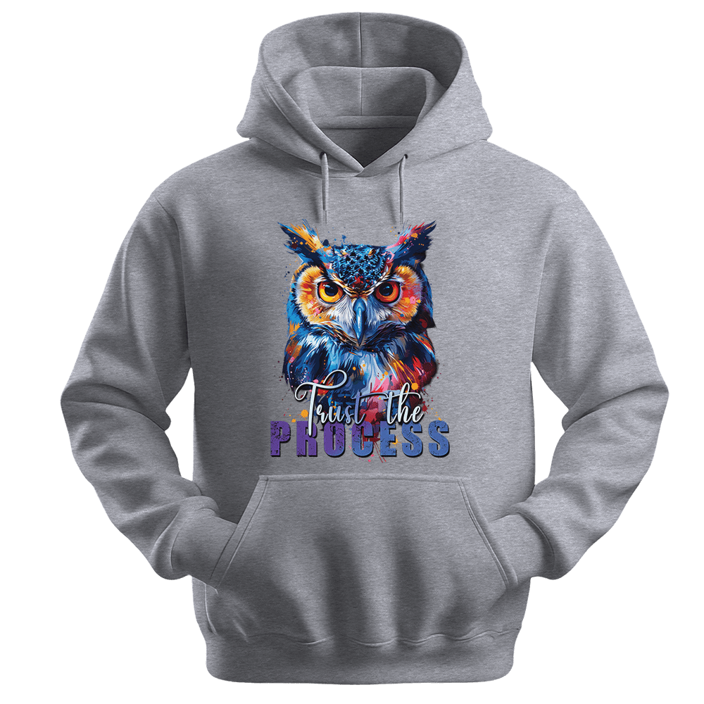 Trust The Process - Owl Unisex Hoodie - Message Hoodie - Unisex Hoodie | Gildan 18500 - Sports Grey. - S