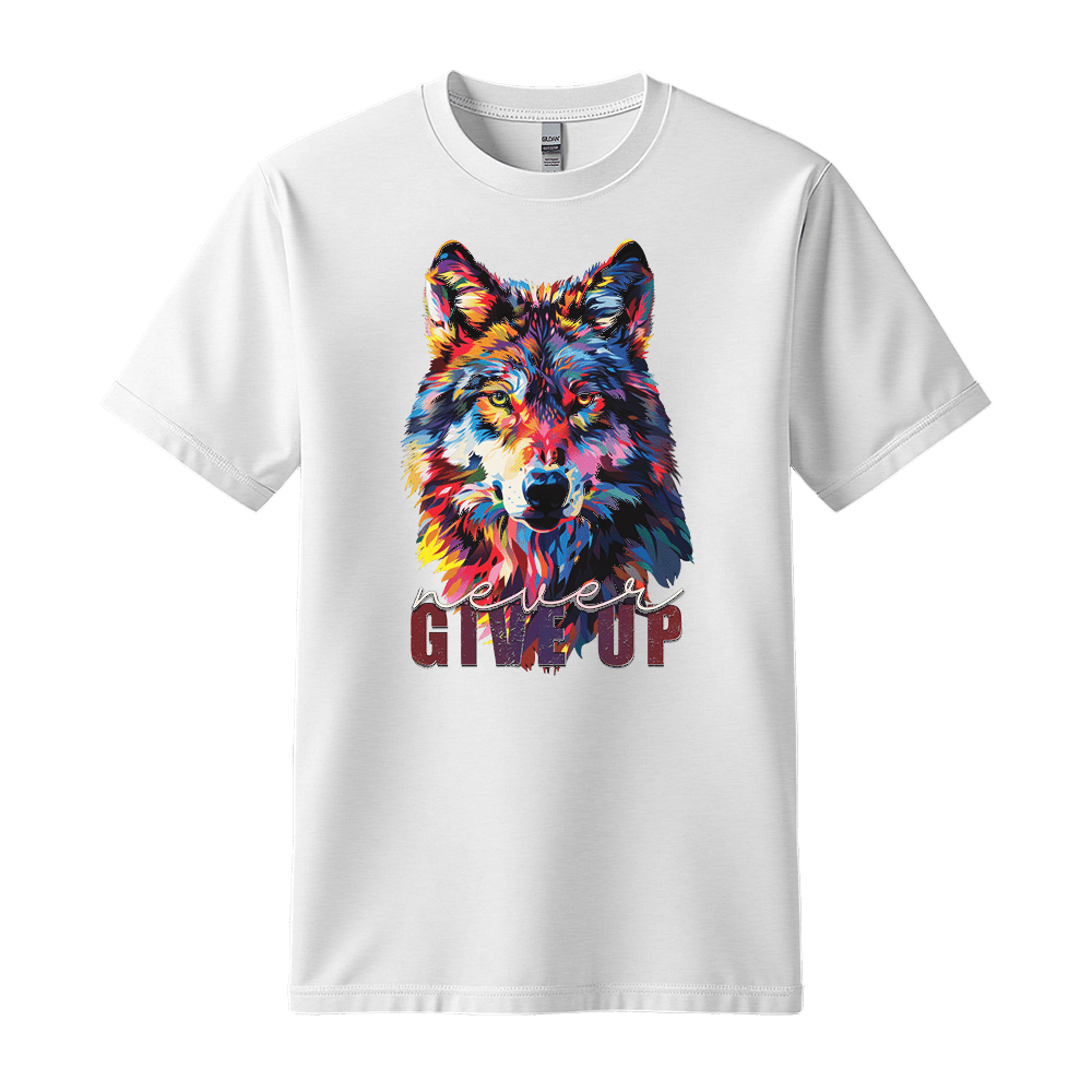 Never Give Up - Wolf Unisex T-Shirt - Inspirational Apparel - Standard (G5000) - White - S