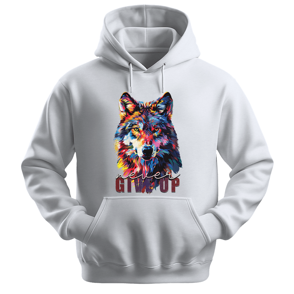 Never Give Up - Wolf Unisex Hoodie - Inspirational Apparel - Unisex Hoodie | Gildan 18500 - White. - S